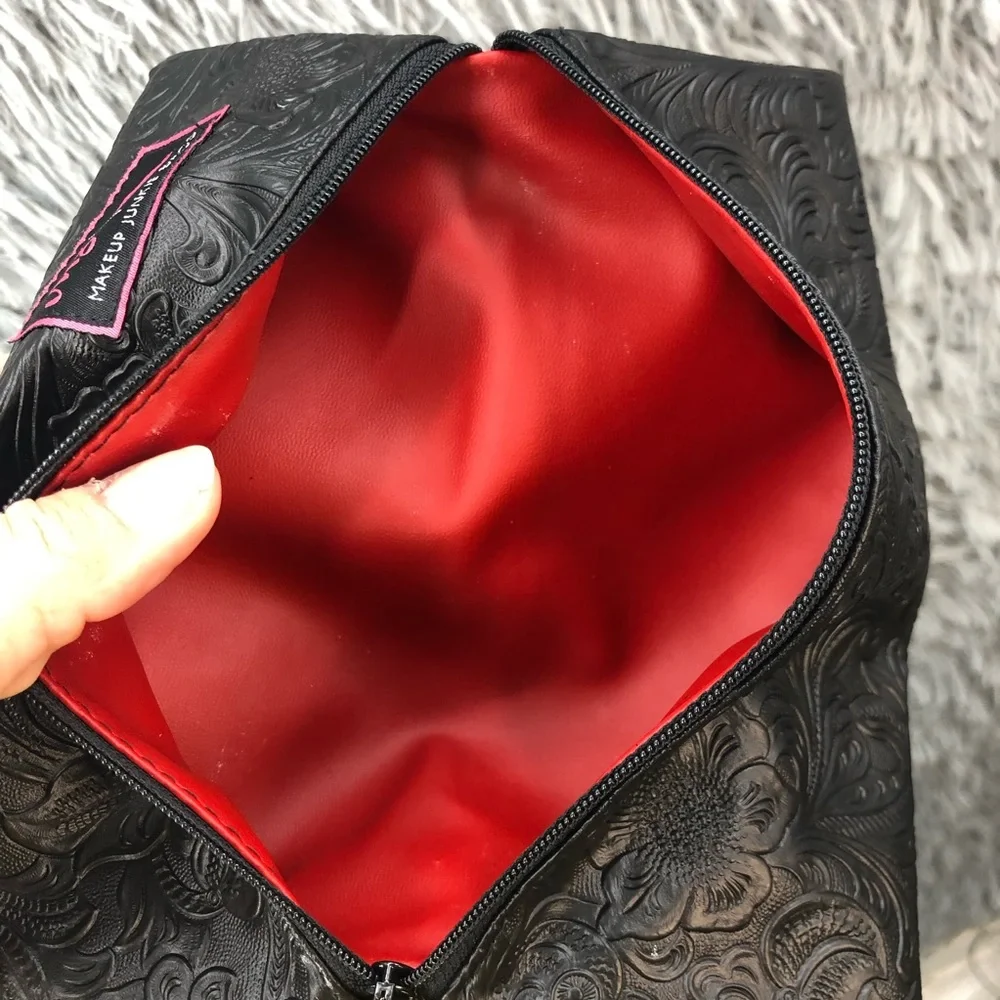 Makeup Junkie Bag Small Black Wristlet Embossed Tooled With Red Interior